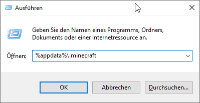 Windows ausführen Dialog mit Minecraft Konfigurations Verzeichnis