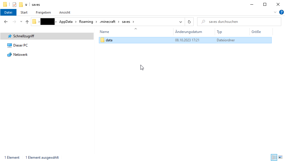 Windows Dateiexplorer mit dem .minecraft/saves Verzeichnis