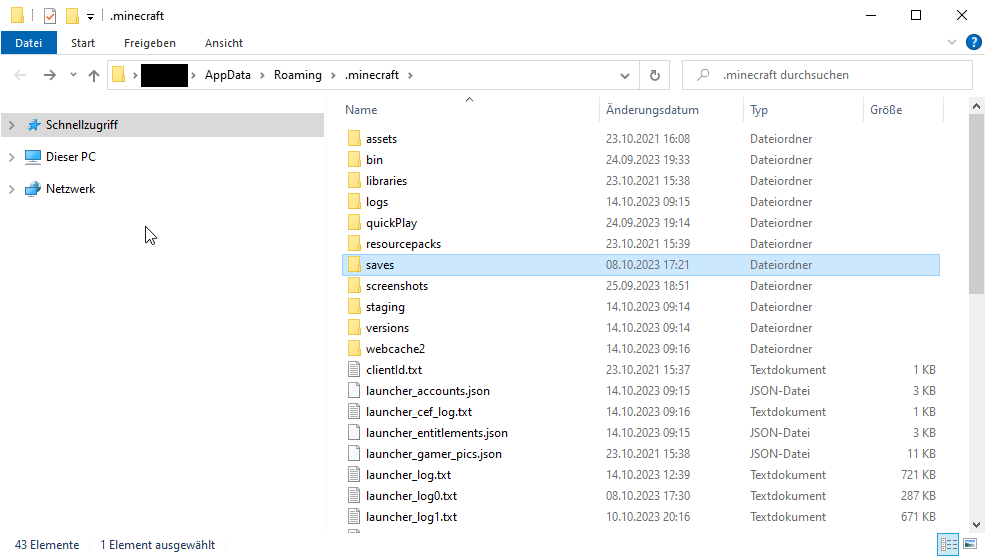 Windows Dateiexplorer mit dem .minecraft Verzeichnis