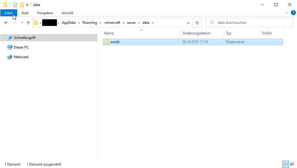 Windows Dateiexplorer mit dem .minecraft/saves/data Verzeichnis