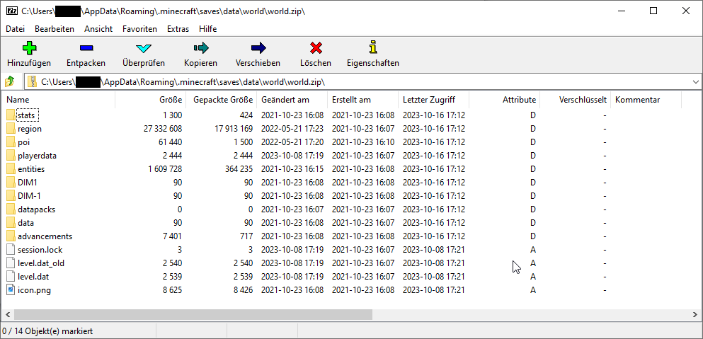 7Zip screenshot mit diversen Minecraft Dateien und Verzeichnissen