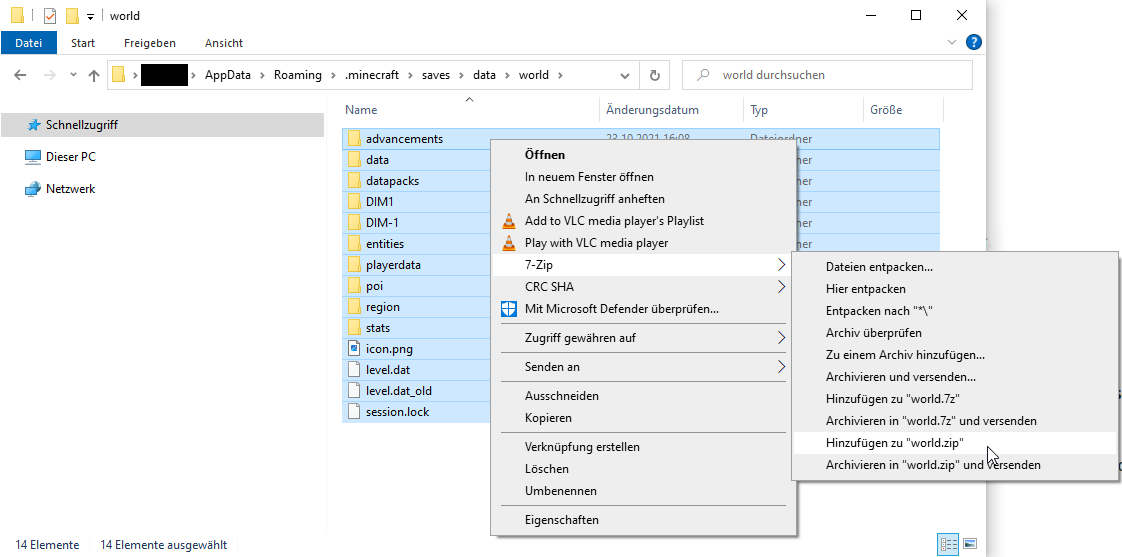 Windows Dateiexplorer allen Dateien markiert und dem 7zip zip Menü