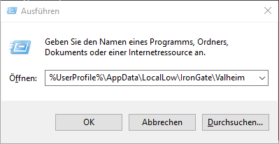 Windows ausführen Dialog mit Valheim Konfigurations Verzeichnis