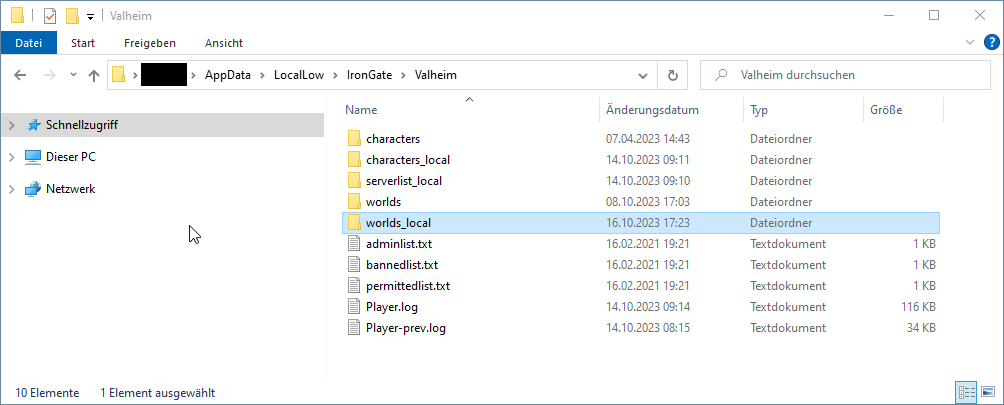 Windows Dateiexplorer mit den Valheim Konfigurationsdateien