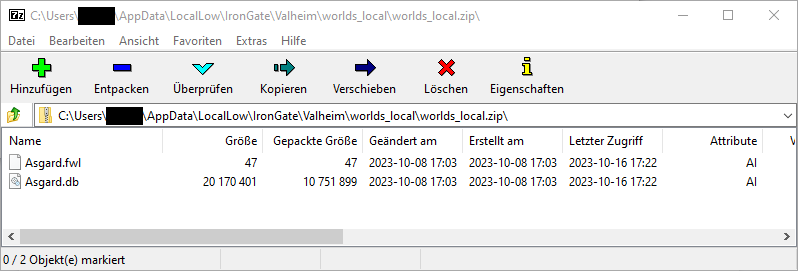 7Zip screenshot mit einer Valheim .fwl und einer Valheim .db Datei