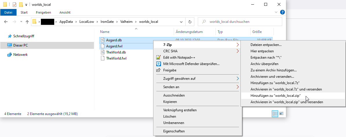 Windows Dateiexplorer mit den Valheim Welten und .db und .fwl vorselektiert.